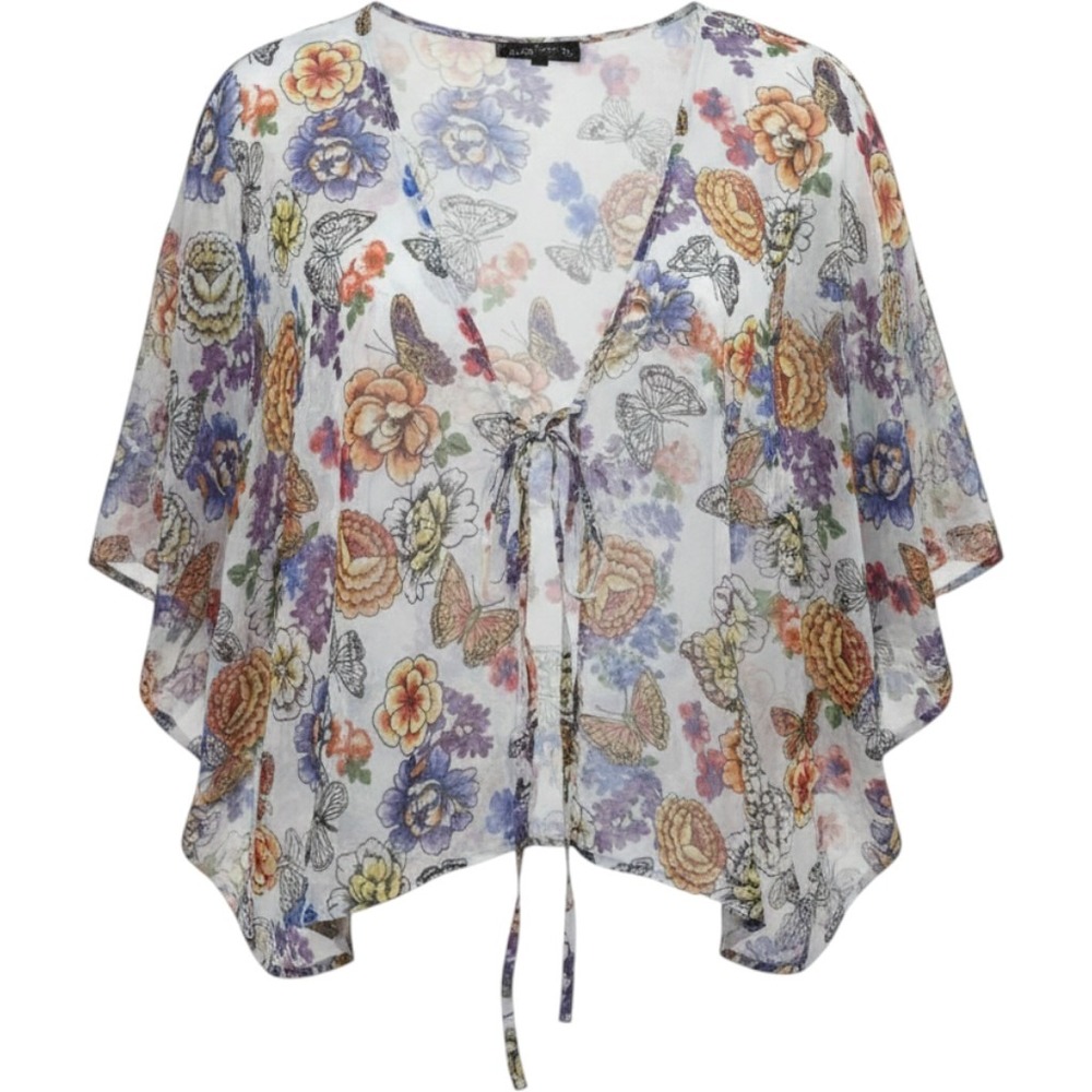 Almost Famous Floral Butterfly Kimono Wrap Top Sheer Tie Front Multi Color